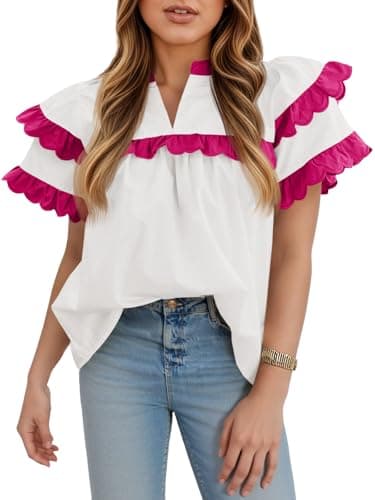 Tankaneo Womens Ruffle Sleeve Babydoll Tops Color Block Summer V Neck Pleated Blouse Dressy Casual Loose Fit Shirts White
