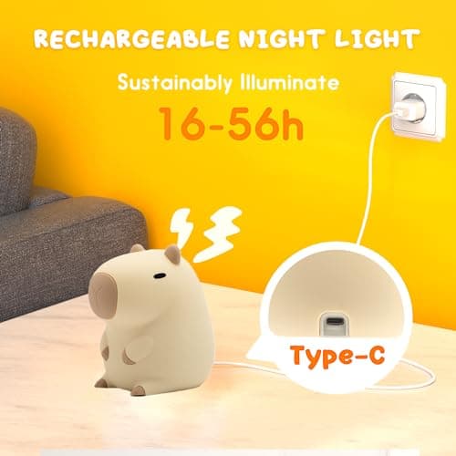 UNEEDE Cute Capybara Night Light, Novelty Animal Silicone Nursery Night Light Rechargeable Table Bedside Lamp with Touch Sensor for Bedroom Living Room Squishy Capybara Stuff Boys Girls Gifts - Thumbnail 5