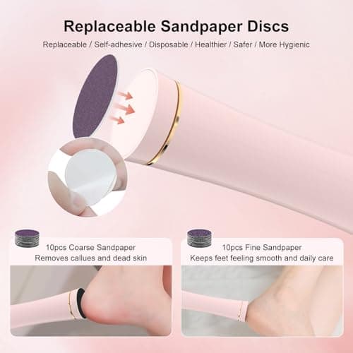 VISDOLL 2026 Upgraded Electric Foot Callus Remover, 3-Speed Ergonomic Rechargeable Pedicure Tool for Dry Skin, Cracked Heels, Dead Skin & Calluses, 20 Disposable Sandpaper Discs - Pink - Thumbnail 3