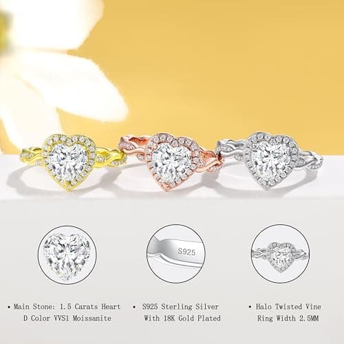 SILVERNANA 1.5CT Heart Moissanite Engagement Ring Women Halo Promise Ring 4 - Thumbnail 2