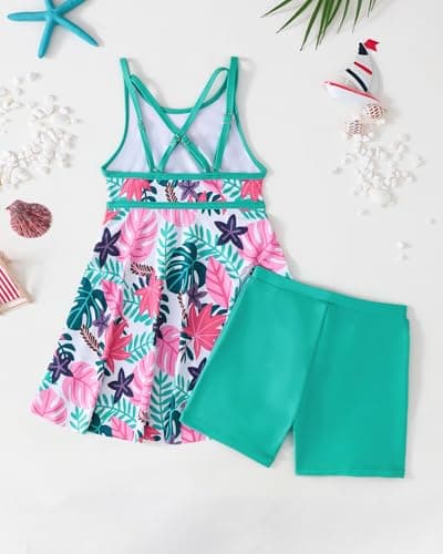 sweetabby Girls Swimsuit Toddler Bathing Suit Green Tropical Swimsuit Girl Cover Up Swim Dress with Shorts 2 Piece Tankini Set Kids Swimwear Size 8 9 - Thumbnail 3