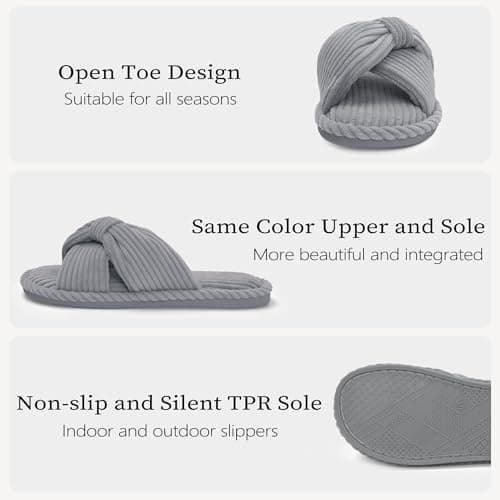 IPSAE House Slippers for Woman Memory Foam Open Toe Slippers Corduroy Cross Bow Womens Slipper Slides Comfy Indoor Bedroom Slip On Shoes - Thumbnail 5