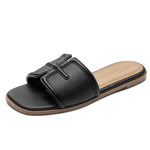 Athlefit Black Flat Sandals for Women Dressy Square Open Toe Comfortable Slip On Summer Beach Slide Sandals Size 5.5 - Image 1