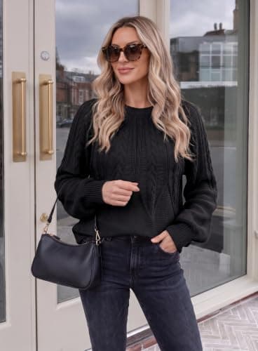 Dokotoo Fall Sweaters for Women 2026 Batwing Long Sleeve Crewneck Business Casual Outfits Cable Chunky Winter Clothes Loose Halloween Sweater Elegant Black Pullover Top Medium - Thumbnail 2