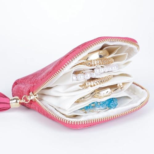 ASINGYER Travel Jewelry Storage Bag for Women, Velvet Portable Jewelry Organizer with Tassel Zipper, Small Pouches for Bracelets Necklaces Rings Earrings, Wedding Gift for Women (hot pink) - Thumbnail 2