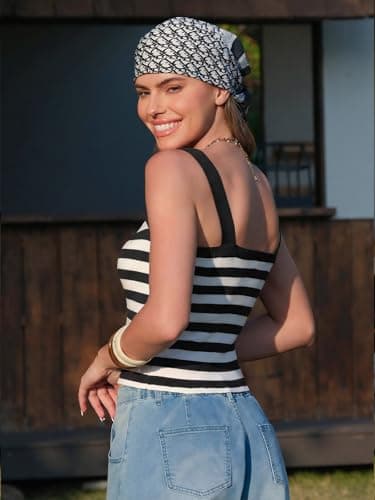EXLURA Women Faux Cashmere Crop Top Striped Knit Tank Top Square Neck Camisole Summer Lightweight Sweater Y2K Going Out Tops - Thumbnail 5