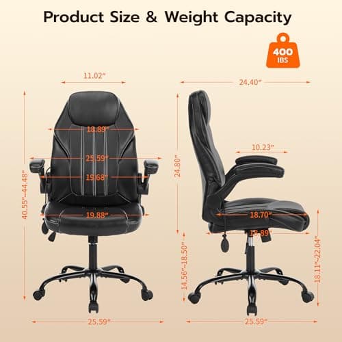 Office Desk Chair, Ergonomic Computer Chair with Padded Flip-Up Arms and Adjustable Lumbar Support, PU Leather Executive Chair with Tilt Lock and 360° Swivel Rolling Wheels for Work, Study - Thumbnail 2
