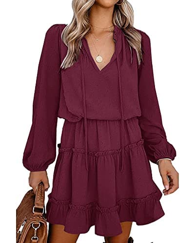 BTFBM Long Sleeve Summer Dresses for Women 2026 Casual Tie Neck Ruffle Tiered A Line Mini Spring Wedding Guest Dress(Dot Wine Red, Medium) - Image 1