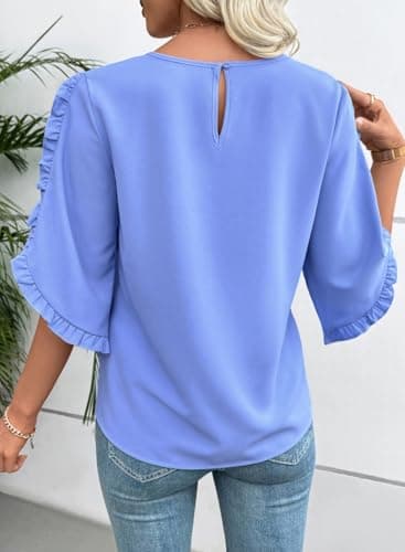 EVALESS 3/4 Length Sleeve Womens Tops Dressy Casual Blouses Crewneck Ruffle Sleeve Shirts Business Work Tops Sky Blue XX-Large - Thumbnail 4