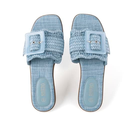 Rihero Womens Flat Sandals Raffia Slip On Beach Slides Square Open Toe Comfortable Summer Buckle Woven Blue Slide Sandals Blue Size 7 - Thumbnail 6