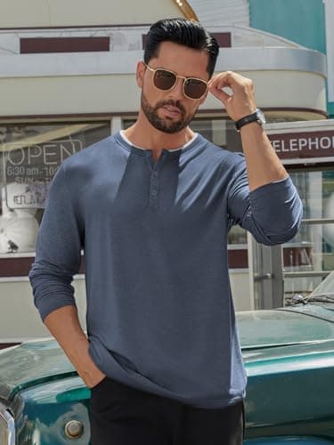 Hardaddy Men's Long Sleeve Henley Shirts Casual Color Block Henley Button T-Shirt Tops Navy Blue XXL - Thumbnail 5