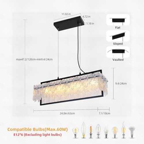 TYhogar Dining Room Light Fixture Modern Rectangle Black Crystal 4-Light Chandeliers for Dining Room 25" Linear Farmhouse Lighting Fixture for Kitchen Island Light Living Room - Thumbnail 5