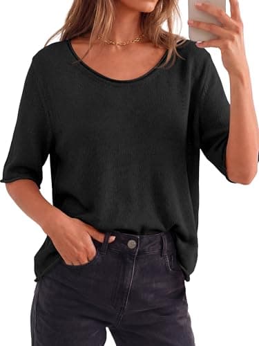 BTFBM Sweaters for Women 2026 Summer Oversized Half Short Sleeve Knitted Pullover V Neck‌ Casual Loose Fit Spring Tops(Black, X-Large) - Thumbnail 3