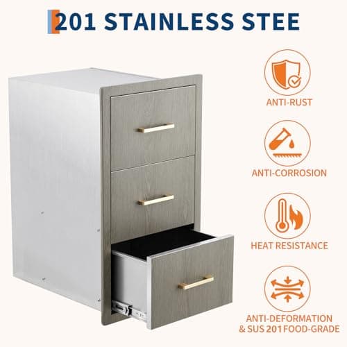 Garvee 16" W x 20.5" D x 28.5" H Stainless Steel Outdoor Kitchen Triple Drawers - Heavy Duty with Handles, Weather-Resistant Flush Mount for BBQ Island, Patio Grill & Outdoor Cooking Space - Thumbnail 5
