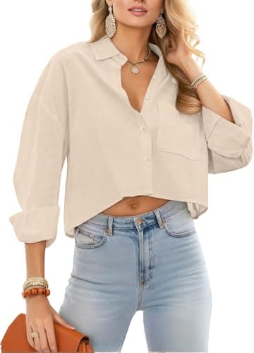 JINKESI Button Down Shirts & Blouses for Women Long Sleeve Slim Fit Office Casual Business with Pocket 100% Cotton Beige - Image 1