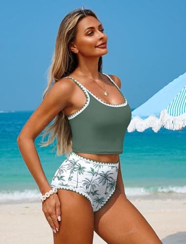 ZAFUL Tankini Swimsuit Tummy Control Bathing Suits Two Piece Swimwear Swim Top with High Waisted Bottom Green Palm Tree L - Thumbnail 3