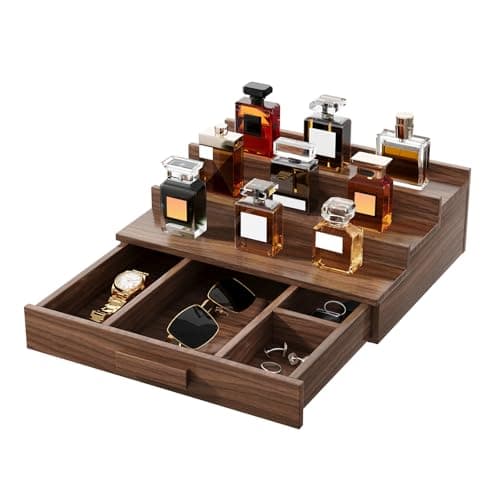Gernshe Solid Walnut Cologne Organizer for Men,Cologne Stand,3 Tier Wooden Cologne Holder Shelf Display,Perfume Stand Organizer with Drawer Storage,Gift for Men Dad Husband,Mens Valentines Day Gifts - Image 1