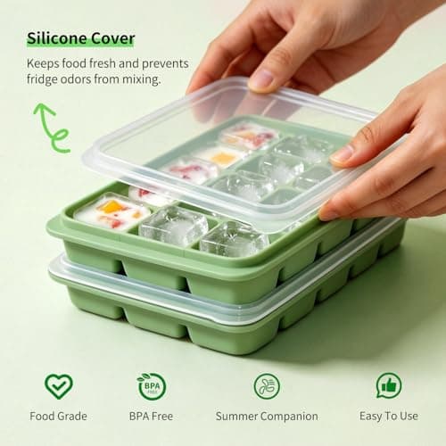 Azxb Ice Cube Trays with Lid, 1 Pack 15 Cubes Easy Release Stackable Flexible Silicone Ice Cube Trays for Freezer with Removable Silicone Lid for Baby Food, Whiskey, Cocktail, Coffee, BPA Free - Thumbnail 3