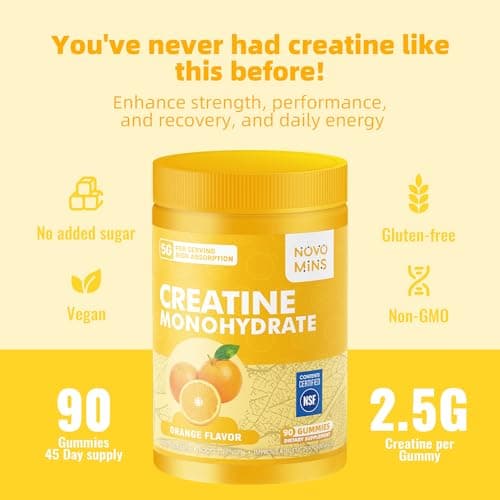 novomins Creatine Monohydrate Gummies 5000mg for Men & Women, Chewables Creatine Monohydrate for Muscle Strength, Muscle Builder, Energy Boost, Pre-Workout Supplement(90 Count)-Orange Flavor. - Thumbnail 5