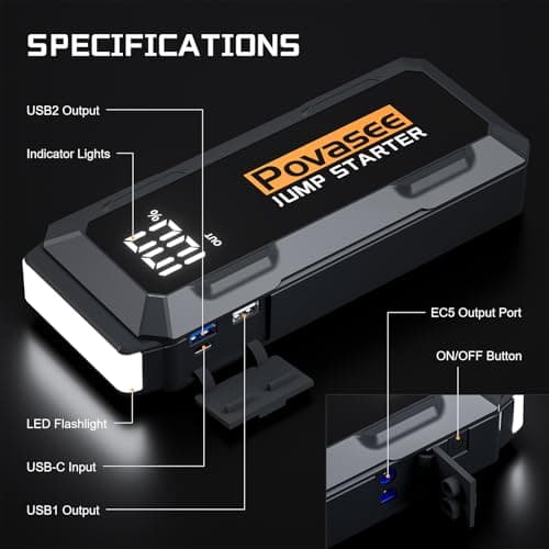 Povasee 4000A Jump Starter 12V Battery Jumper Starter(10L Gas 10L Diesel Engine),Car Battery Jump Starter with 3" LCD Display, Power Bank/Dual Output/LED Light - Thumbnail 6