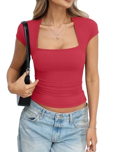 Eachyes Womens Square Neck Short Sleeve Shirts Cap Sleeve Low Cut Tops Sexy Slim Fit Basic Tee Y2k Going Out Cute Summer Crop Outfits 2026 Red Large - Image 1