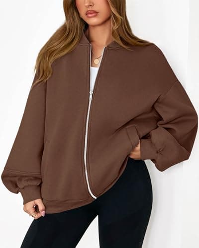 KIRUNDO Oversized Sweatshirt for Women Zip Up Bomber Jacket 2026 Fall Fashion Casual Long Sleeve Outerwear Winter Outfits(Dark Brown, Small) - Thumbnail 5