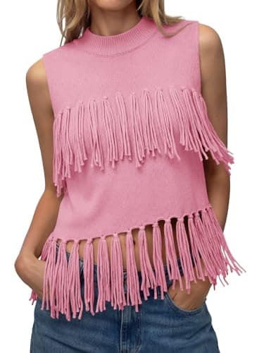 Tankaneo Womens Fringe Knit Tank Tops Summer Trendy Casual High Neck Sleeveless Shirts Boho Loose Fit Sweater Vest Pink - Image 1
