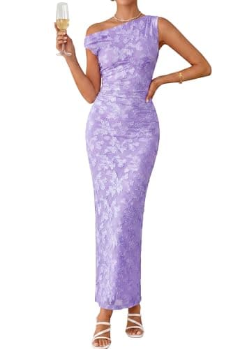 PRETTYGARDEN Womens Floral One Shoulder Maxi Dress 2026 Summer Spring Wedding Guest Formal Bodycon Ruched Cocktail Dresses (Purple,Small) - Image 1