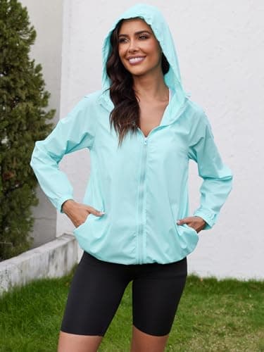 PITINAN Womens Rain Coat Lightweight Waterproof Outdoor Rain Jacket Hooded Packable Rain Jacket Women Rain Coat for Women Waterproof Windbreaker Womens Hiking Rain Jacket Light Blue L - Thumbnail 2