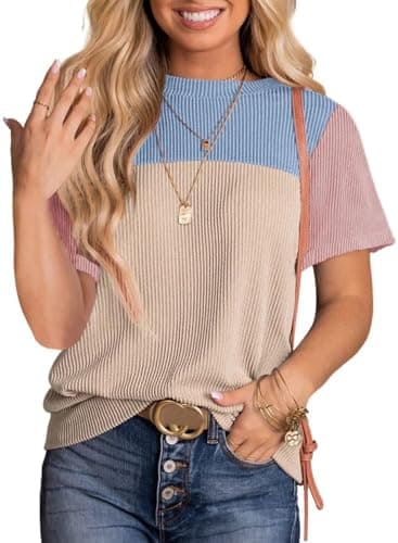 BLENCOT Shirts for Women Summer Tops Colorblock Cute Trendy Loose Vacation Shirts Ladies Crewneck LadiesTunic Knitted Casual Blouses Blue Khaki Large - Image 1