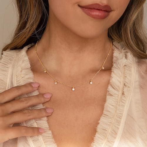 Ursteel 14K-Gold-Plated Cubic Zirconia Necklace for Women, Dainty 14K-Gold-Plated Necklace for Women Non Tarnish Station Necklaces Choker Cubic Zirconia Necklaces Wedding Prom Bridesmaids Gifts - Thumbnail 3