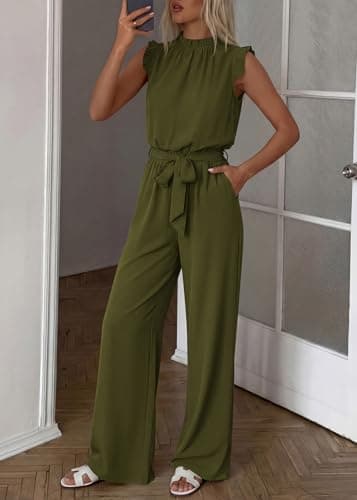 KIRUNDO Jumpsuits For Women Dressy Summer One Piece Sleeveless Ruffle Mock Neck Belt Pockets Formal Wide Leg Pants Romper(Army Green, XX-Large) - Thumbnail 6