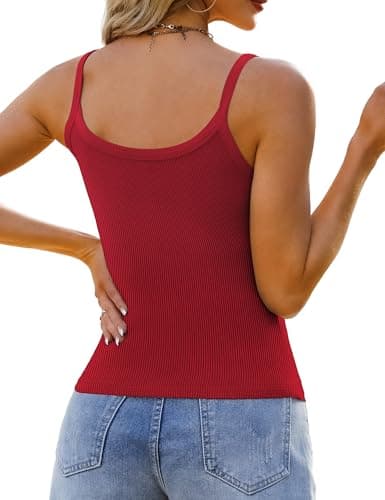 GKBK 2 Pack Womens Sleeveless Tank Top Form Fitting Spaghetti Strap Scoop Neck Ribbed Knit Workout Lounge Basic Slim Fitted Crop Summer 2025 Cami Layering Casual Shirts White Red XL - Thumbnail 4