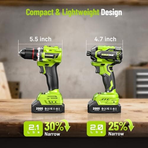 Robustrue 21V Cordless Drill & Impact Driver Combo Kit, 3/8" Drill & 1/4" Impact Driver, 2×2000mAh Batteries, Fast Charger, 16-Piece Bit Set for DIY Projects, Furniture Assembly & Home Repairs - Thumbnail 3