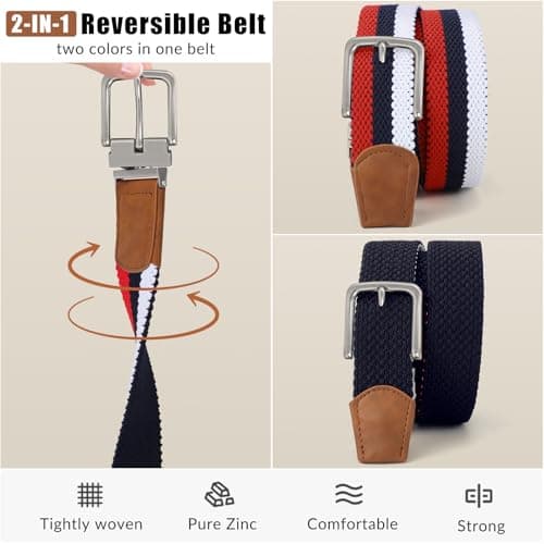 SANSTHS Reversible Braided Belt for Men and Women, Elastic Stretch Woven Golf Belts for Men, Casual Jeans Sports Work 1 3/8" - Thumbnail 2