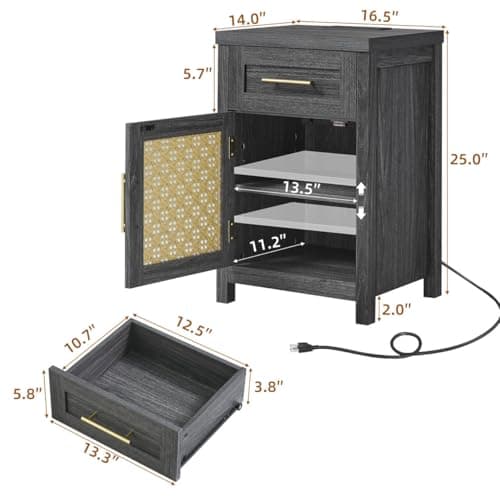 YUFAM Small Nightstand Set of 2 - Boho Rattan Night Stand with Type-C Charging Station for Bedroom, Nightstands w/Drawer for Small Space, Wood Bedside Table w/Adjustable Storage Shelf, Dark Grey - Thumbnail 2