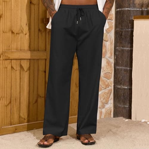 ZAFUL Men's Linen Casual Pants - Elastic Waist Drawstring Lightweight with Pockets for Summer Beach A-Black - Thumbnail 2