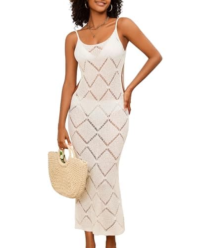 Bsubseach Swimsuit Crochet Beach Coverup - Women Hollow Out Knit Swim Cover Up Dress Spaghetti Strap Backless Dresses White M - Image 1