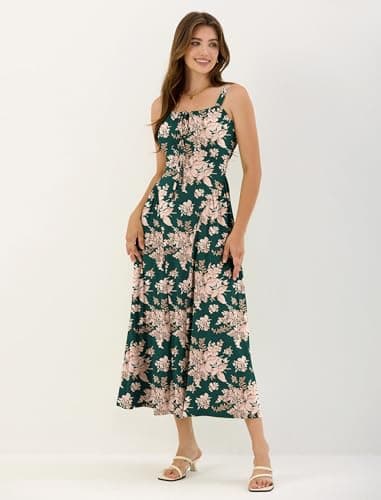 ZAFUL Women's Floral Corset Dress Spaghetti Strap Fit and Flare Flowy Midi Sundress with Pockets Dark Green S - Thumbnail 2
