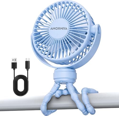 AMORMIYA Portable Battery Powered Stroller Fan with Flexible Tripod, Blue