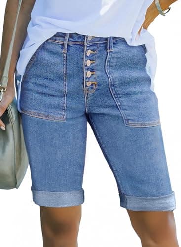 Sidefeel Womens Shorts Casual Trendy High Waisted Stretchy Button Fly Denim Shorts Folded Hem Bermuda Summer Shorts Light Blue Size 12 - Image 1