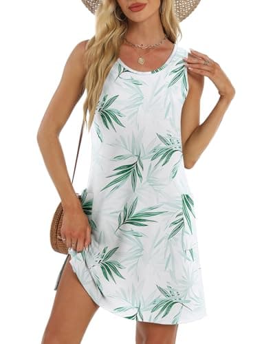 BKRIVE Summer Dresses for Women 2026 Loose Fit Round Neck Sleeveless Sundresses Beach Fashion Tank Dress with Pockets Flora Green White XL - Thumbnail 3