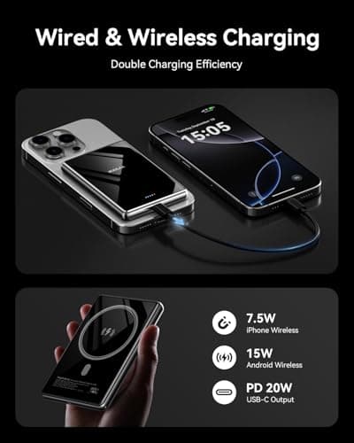 Kuulaa 10000mAh Magsafe Power Bank Ultra Slim 0.53'' Magnetic Wireless Portable Charger with USB-C Output, 20W PD Fast Charging for iPhone 16/15/14/13/12 Series, Tempered Glass Design - Thumbnail 3