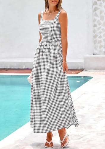 PRETTYGARDEN Women's 2026 Summer Spaghetti Strap Maxi Dresses Plaid Square Neck A Line Casual Beach Vacation Long Sundress (Grey,X-Large) - Thumbnail 4
