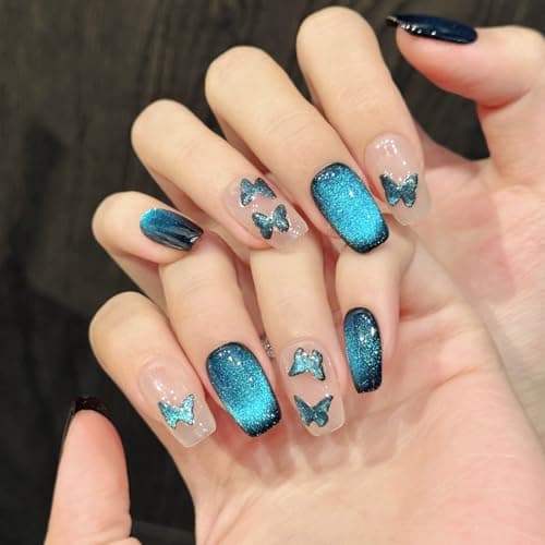 Yacey Butterfly Handmade Press on Nails, Medium Square Reusable False Nails Press Ons, Luxury Blue Cat Eyes Thick Acrylic Fake Nails, 3D Bling Glue on Nails for Women Girls (10 Pcs, S) - Image 1