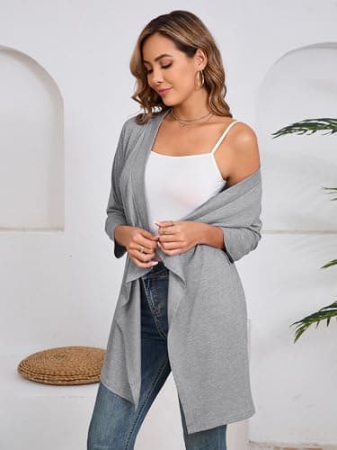 DEARCASE 3/4 Sleeve Open Front Draped Kimono Cardigan Sweater for Women Plain Light Gray XL-Large Lightweight Flowy Ladies Cover Up Trendy Shrug Thin Crop Duster Summer Fall Shawl Cardigans Jackets - Thumbnail 5