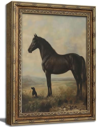 Gold Framed Wall Art, Vintage Horse and Dog Canvas Prints - Rustic Farmhouse Animal Landscape Pictures, Neutral Classic Equestrian Decor Gallery Artwork for Living Room, Bedroom 12x16 inch