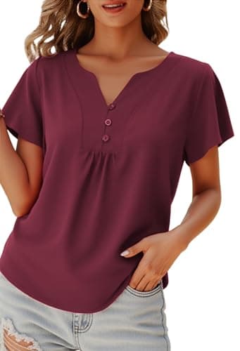 Angashion Women's Summer Tops Casual Floral Print V Neck Ruffle Short Sleeve Loose Tunic T Shirt Blouse 03WR M