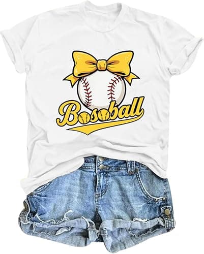 Baseball Shirts for Women Cute Bow Graphic T-Shirt Softball Mom Tee Funny Baseball Fan Short Sleeve Top White - Image 1