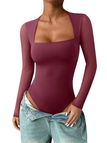 PINKMSTYLE Long Sleeve Square Neck Bodysuit for Women Mesh Top Concert Outfits Going Out Tops Burgundy X-Large - Image 1